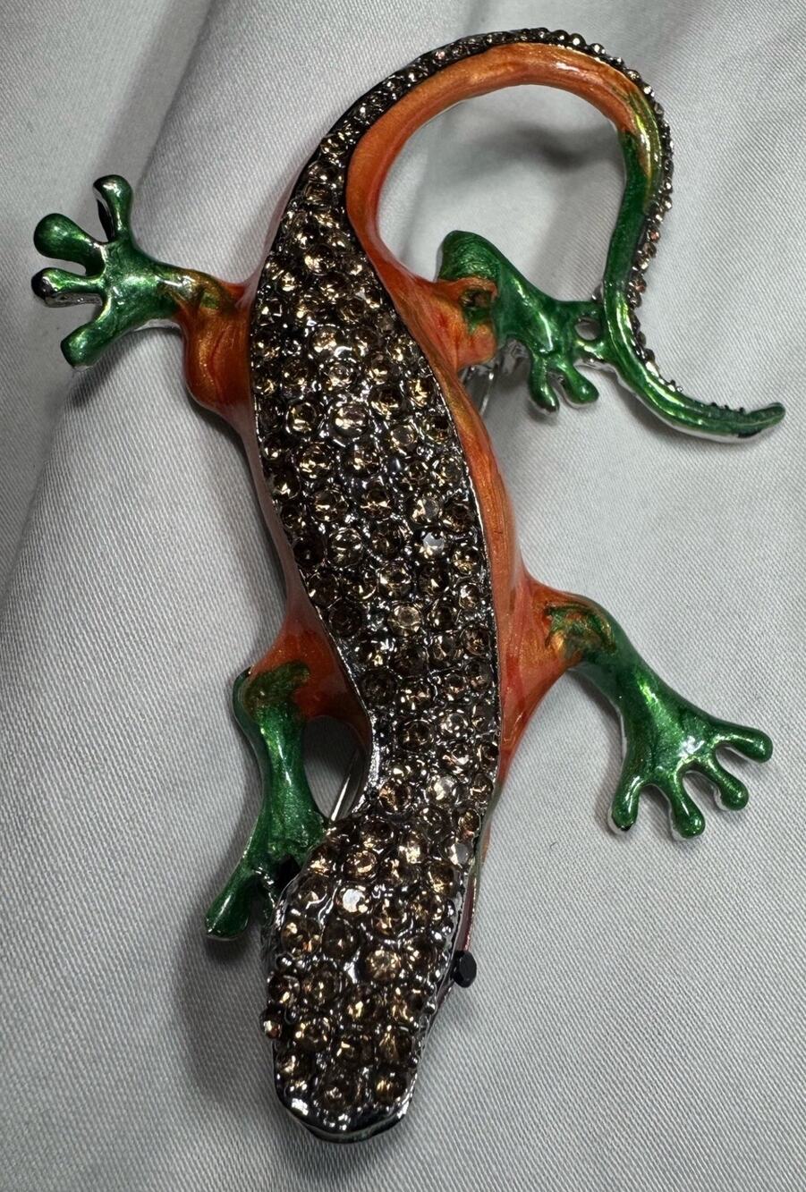 Large Gecko Lizard Brooch Pendant Orange Green Rhinestone Silver Tone New